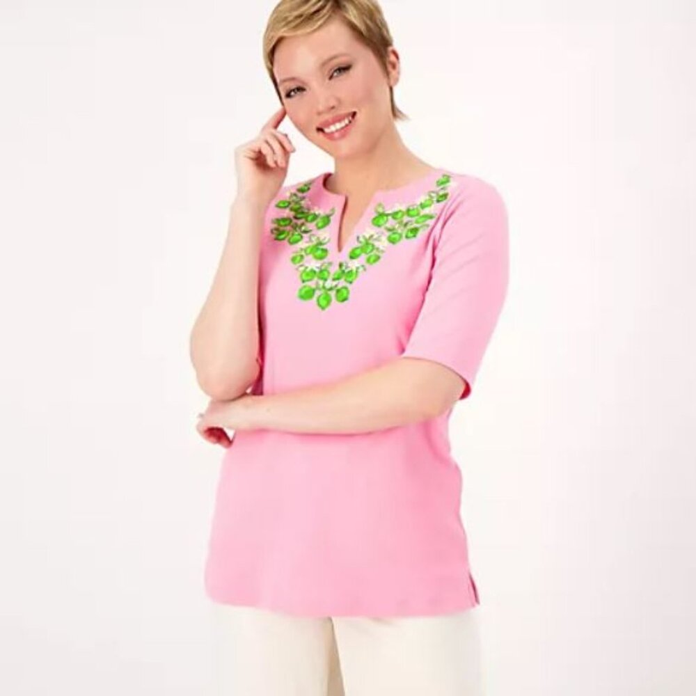 Quacker Factory Fresh Picked Split Neck Elbow Sleeve Top-Pink, X-Large